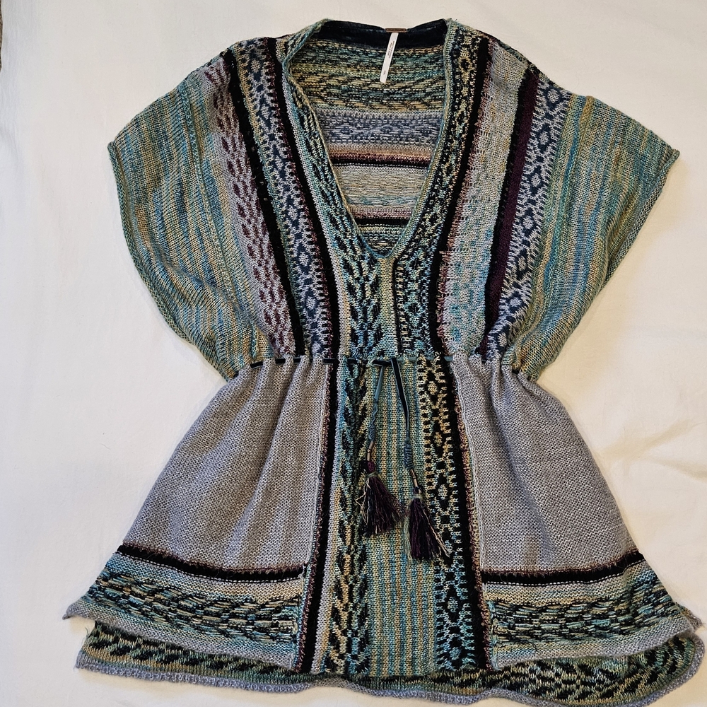Free People Striped V-Neck Sweater with Tassels